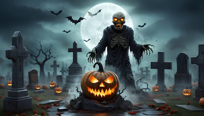 A spooky skeleton figure with glowing eyes stands in a graveyard at night, surrounded by tombstones and a large full moon. A carved pumpkin with a sinister face sits nearby. Halloween Concept.