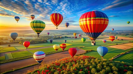 Obraz premium A stunning aerial view of colorful hot air balloons resembling poppies in the sky , hot air balloons, aerial, view, colorful, vibrant