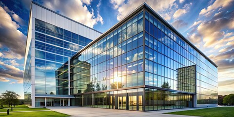 Modern office building with glass exterior and sky reflection on background, architecture, workplace, business