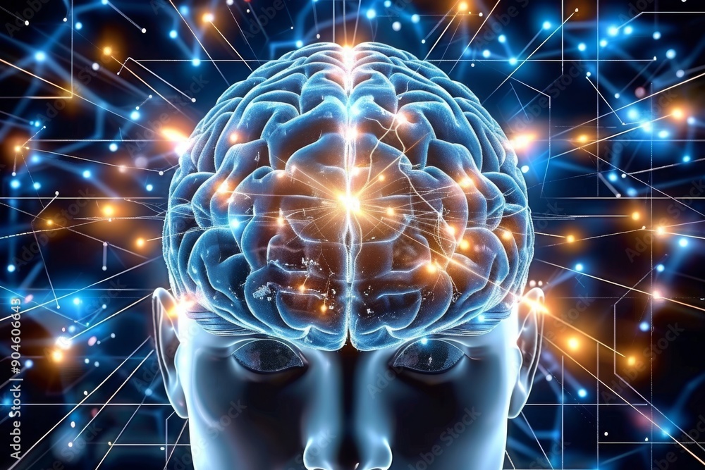 Aufkleber brain with interconnected neural networks, glowing synapses, futuristic technology, artificial intel