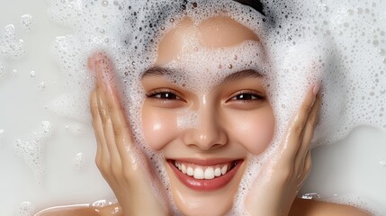 A joyful woman with a bright smile surrounded by bubbles, showcasing a refreshing moment of skincare and relaxation in the bath.