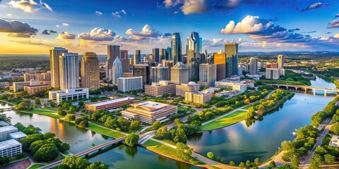 Naklejka premium Austin, Texas cityscape captured from above using a drone, showcasing the skyline and surrounding landscape, Austin, Texas