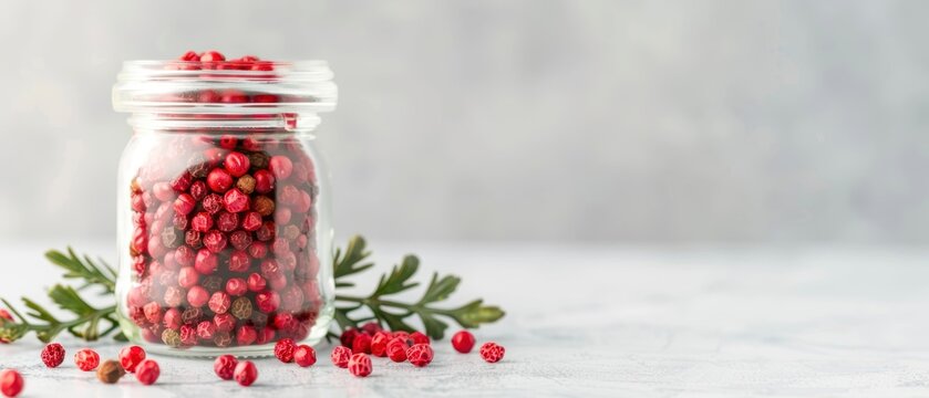 Pink peppercorns in a decorative glass jar, known for their delicate, fruity taste - Powered by Adobe