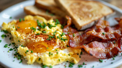 Breakfast spread with scrambled eggs, bacon, and toast