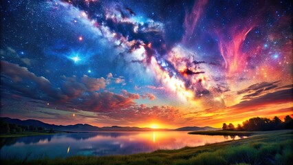 Naklejka premium Fantastical landscape with vibrant colors and a starry night sky, fantasy, landscape, vibrant, colors, starry sky, night, sky