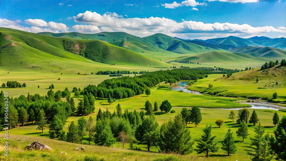 Poster Lush green landscape of Gorkhi-Terelj National Park on a sunny summer day in Ulaanbaatar, Mongolia