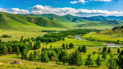 Lush green landscape of Gorkhi-Terelj National Park on a sunny summer day in Ulaanbaatar, Mongolia