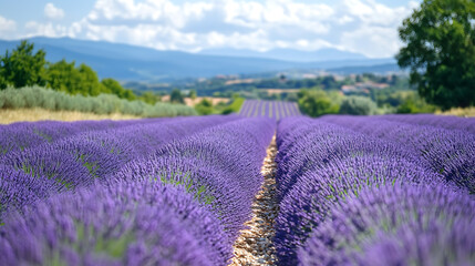 Naklejka premium A landscape view of a lavender field in full bloom, stretching into the horizon with a vibrant purple hue 