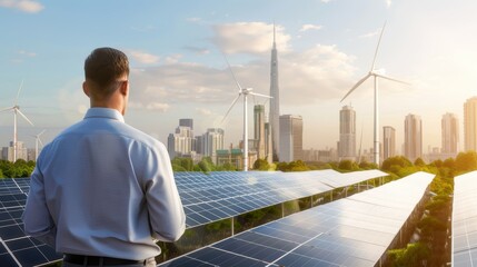 Illustration of a city integrating solar panels and wind turbines into its infrastructure, demonstrating a sustainable approach and ESG commitment