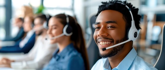 Group of call center employees from various backgrounds, smiling and enjoying a training session, showcasing a cheerful and supportive work environment