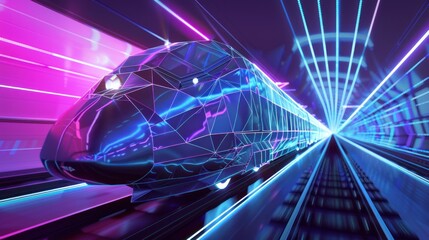 High-Speed Train in Neon Tunnel