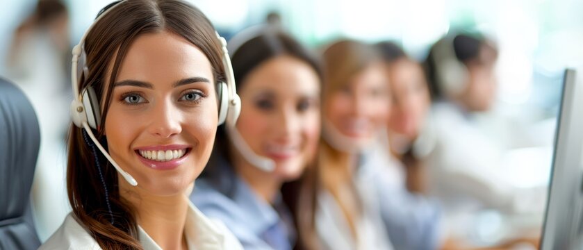 Group of call center employees from various backgrounds, smiling and enjoying a training session, showcasing a cheerful and supportive work environment