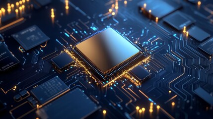Close-up of a computer chip on a circuit board with intricate details and vibrant lights, showcasing modern technology.
