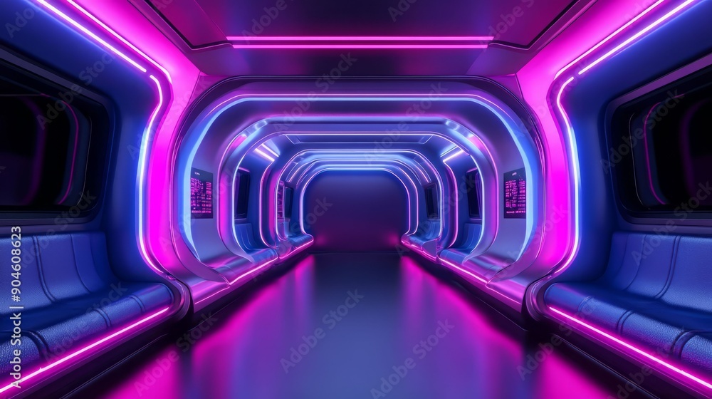 Poster futuristic corridor with vibrant neon lights creating a dynamic and modern atmosphere perfect for sc