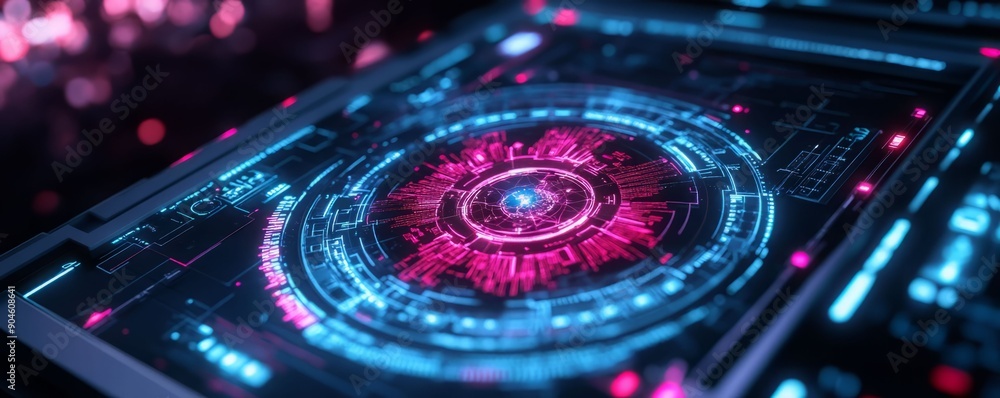Poster futuristic digital interface showcasing vibrant neon colors and intricate patterns, ideal for tech a