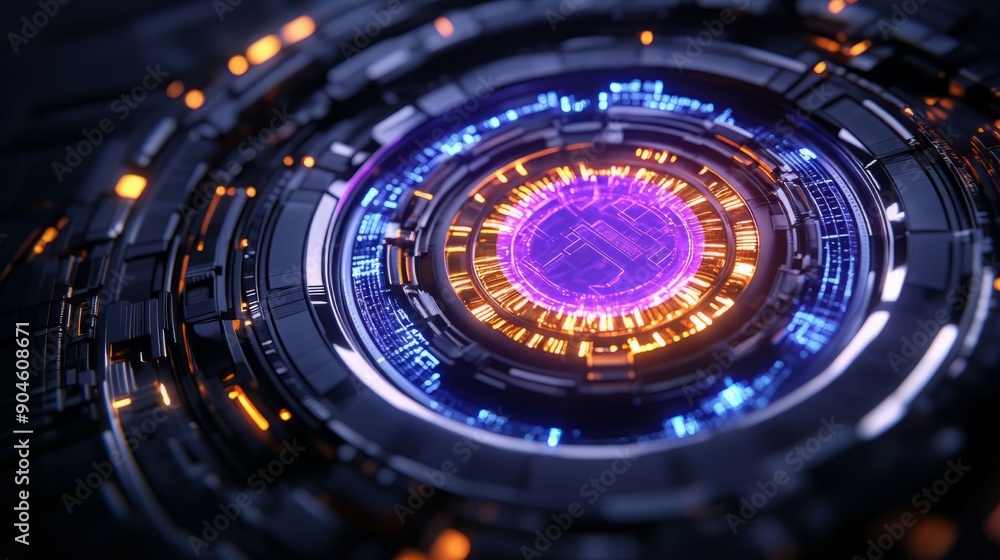 Poster futuristic digital interface with vibrant lights and intricate patterns, showcasing technology and i