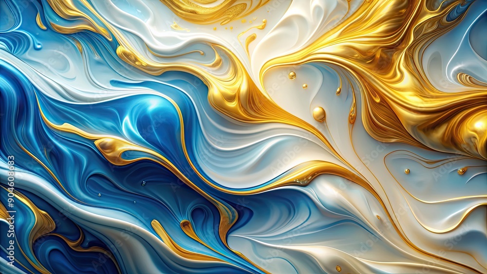 Poster Abstract liquid background with alcohol ink in elegant gold, white, and blue colors , alcohol ink, fluid, abstract, background