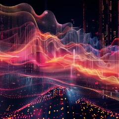 Abstract digital landscape with glowing lines and data points.