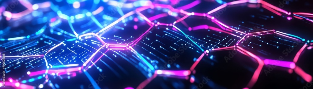 Poster vibrant hexagonal patterns of neon lights create a mesmerizing digital landscape, perfect for modern