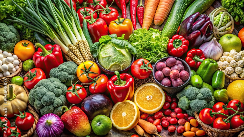 Poster Vibrant display of assorted fresh fruits and vegetables, healthy, organic, market, colorful, produce, variety, nutrition, natural