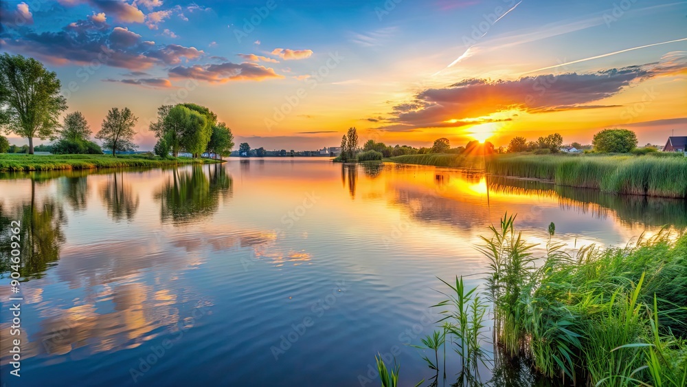 Sticker Sunset over the tranquil waters of Alphen aan den Rijn lake , sunset, Alphen aan den Rijn, water, lake, reflection, peaceful