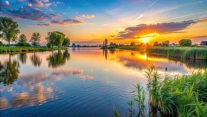 Obraz premium Sunset over the tranquil waters of Alphen aan den Rijn lake , sunset, Alphen aan den Rijn, water, lake, reflection, peaceful