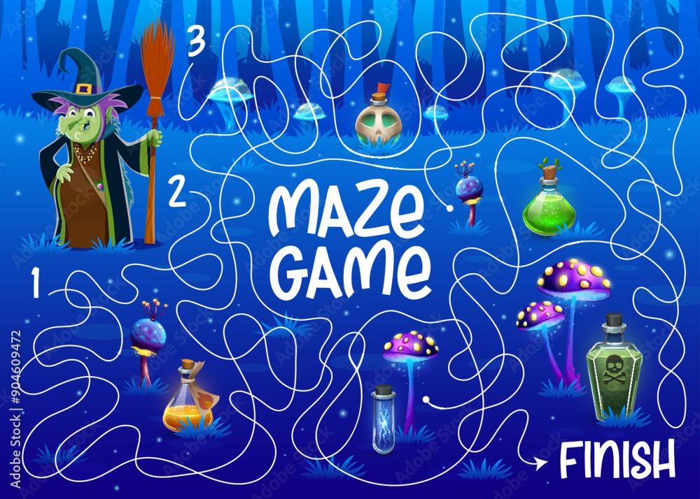 Poster Halloween labyrinth maze, help to witch find a magic potion bottle on fairytale forest meadow kids game vector worksheet. Pathfinding puzzle quiz of cartoon witch character with broom, elixir flasks