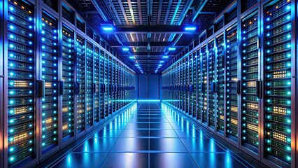 Futuristic server room with rows of glowing LED lights on server racks, neatly organized cables, technology, futuristic