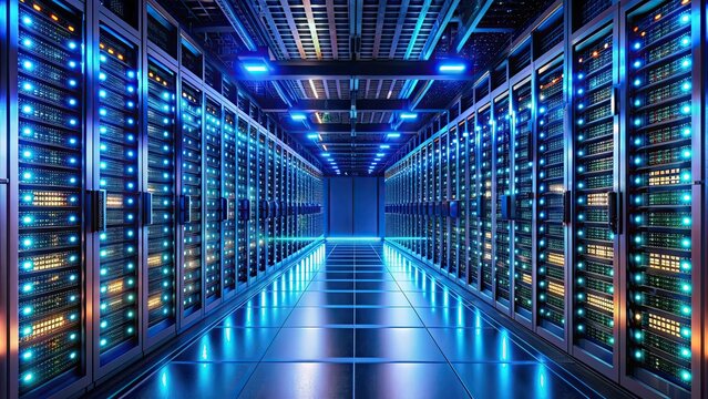 Futuristic server room with rows of glowing LED lights on server racks, neatly organized cables, technology, futuristic