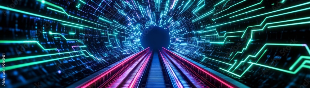 Poster a futuristic tunnel with vibrant neon lights creating a dynamic sense of motion and energy, perfect 