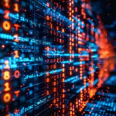 Fototapeta premium Abstract digital binary code background in blue and orange.