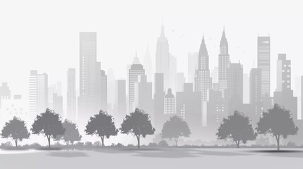 Naklejka premium Light gray cityscape background. City buildings with trees in park view. Monochrome urban landscape with beautiful street