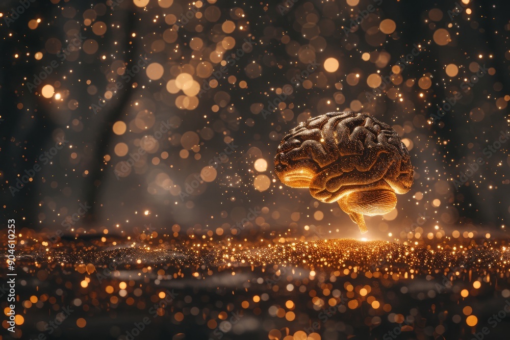 Poster glowing brain in a magical forest with golden sparkling lights, creating an ethereal atmosphere of e