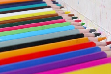 Fototapeta premium row of colored pencils on a white background