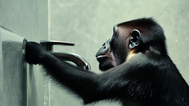 Close-up shot: Chimpanzee leans over kitchen sink, hands resting on countertop. Black and white image emphasizes primate's fur texture and curious expression. Faucet visible in background.	