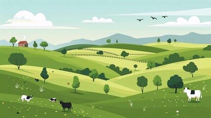Livestock flat design illustration background for eco or daily product advertising. Rural landscape with hills, cattle farms
