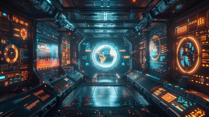 Obraz premium Futuristic spaceship interior with glowing screens and holographic Earth