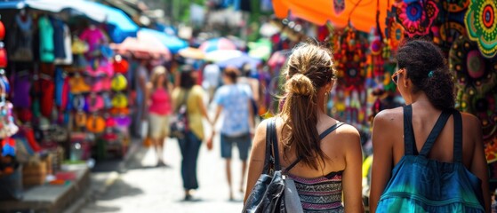 Tourists exploring vibrant local markets in an exotic city, experiencing a cultural adventure with colorful stalls and unique handicrafts