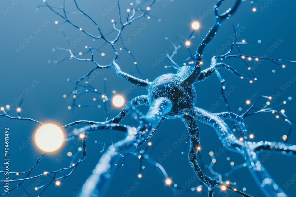 Poster abstract neuron network with glowing nodes on a dark blue background, representing the intricacy of 