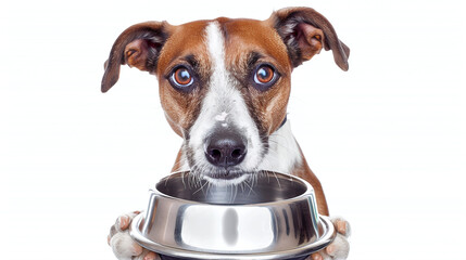 Hungry dog holding an empty bowl on a white background. The dog asks for food.