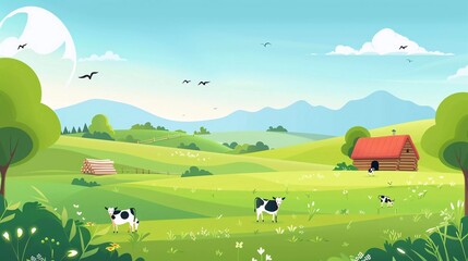 Livestock flat design illustration background for eco or daily product advertising. Rural landscape with hills, cattle farms