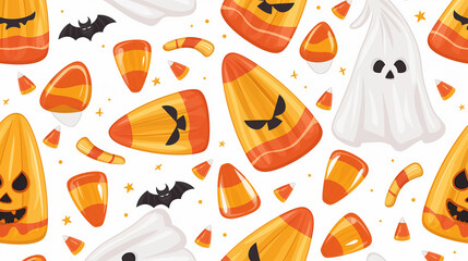 Assorted candy corn on white background with Trick Or Treat Candy Corn And Haunted copyspace.