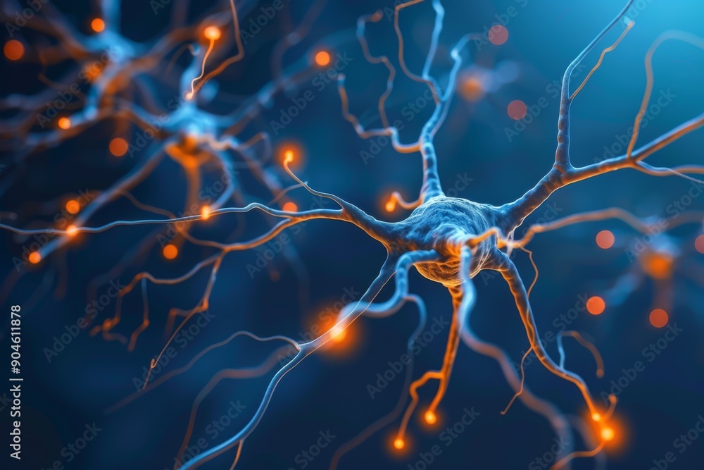 Poster blue neuron network with glowing connections on a dark background, showcasing the complexity and ele