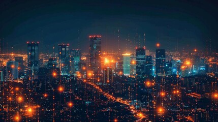 Aerial view of a city skyline at night, illuminated by street lights and building lights.