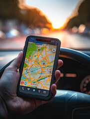 The driver navigates the car with a map in his phone