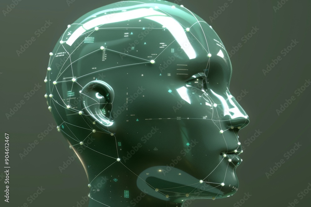 Poster digital rendering of a robotic head with neural connections, showcasing the integration of artificia