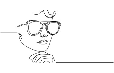 Portrait of an Indian woman in sunglasses. One line drawing, Continuous single drawn one line drawing of isolated vector object eye glasses, pro vector.