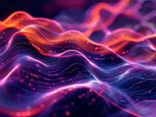 Abstract colorful glowing waves of light particles. Digital futuristic background.
