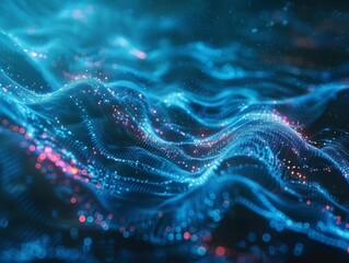 Abstract blue digital wave background with glowing particles.
