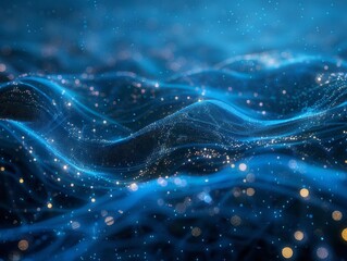 Abstract blue wave background with glowing particles.